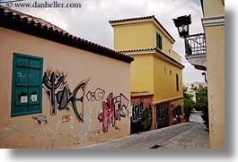arts, athens, buildings, colorful, europe, graffiti, greece, green, horizontal, shutters, photograph