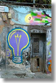 arts, athens, europe, graffiti, greece, lightbulbs, purple, vertical, photograph