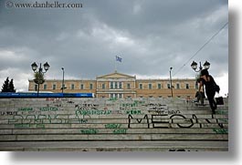 athens, buildings, europe, graffiti, greece, horizontal, parliament, stairs, photograph