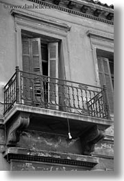athens, balconies, black and white, doors, europe, greece, lightbulbs, vertical, photograph