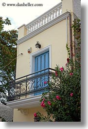 athens, balconies, blues, bougainvilleas, doors, europe, greece, red, vertical, photograph