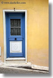 athens, blues, doors, europe, greece, vertical, walls, yellow, photograph