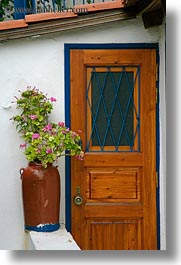 athens, bougainvilleas, doors, europe, greece, potted, vertical, photograph