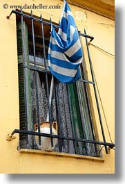 athens, europe, flags, greece, greek, pots, vertical, windows, photograph