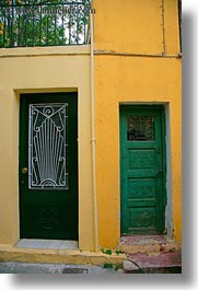 athens, doors, europe, greece, green, oranges, vertical, walls, photograph