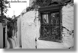 athens, black and white, europe, greece, horizontal, old, walls, white wash, windows, photograph