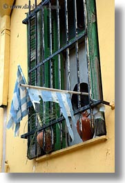 athens, europe, flags, greece, greek, torn, vertical, windows, photograph