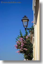 athens, blues, colors, europe, flowers, greece, lamp posts, nature, sky, vertical, photograph