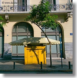 arching, athens, europe, greece, kiosks, square format, trees, yellow, photograph