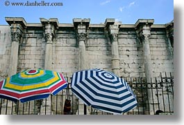 architectural ruins, athens, colorful, europe, greece, hadrians, horizontal, library, umbrellas, photograph