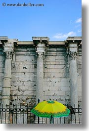 architectural ruins, athens, colorful, europe, greece, hadrians, library, umbrellas, vertical, photograph