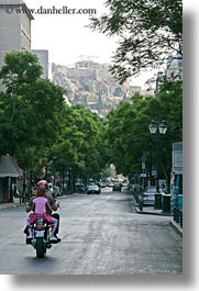 athens, colors, europe, greece, green, motorcycles, pink, streets, vertical, photograph