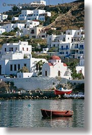 boats, europe, greece, houses, mykonos, oranges, vertical, photograph