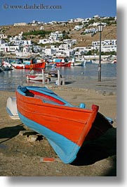 beaches, blues, boats, europe, greece, mykonos, oranges, vertical, photograph