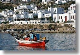 blues, boats, buildings, europe, greece, horizontal, mykonos, red, structures, tops, photograph