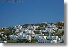 buildings, europe, greece, hills, homes, horizontal, mykonos, white wash, photograph