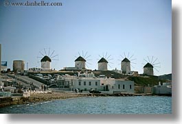 buildings, europe, greece, horizontal, mykonos, water, windmills, photograph
