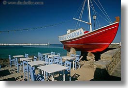 boats, chairs, europe, greece, horizontal, mykonos, red, tables, photograph