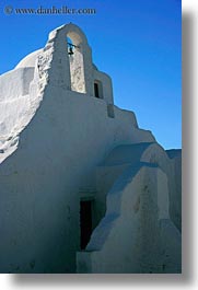 bell towers, buildings, churches, europe, greece, mykonos, structures, vertical, white wash, photograph