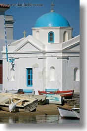 blues, boats, churches, domed, europe, greece, mykonos, vertical, white wash, photograph