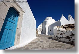 blues, churches, doors, europe, greece, horizontal, mykonos, white wash, photograph
