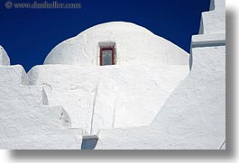 blues, churches, europe, greece, horizontal, mykonos, red, sky, white wash, windows, photograph