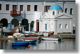 boats, churches, europe, greece, horizontal, mykonos, white wash, photograph