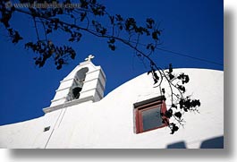 bell towers, branches, buildings, churches, europe, greece, horizontal, mykonos, structures, white wash, photograph