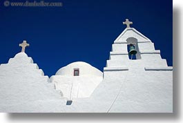 bell towers, buildings, churches, crosses, europe, greece, horizontal, mykonos, structures, white wash, windows, photograph