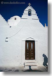 bell towers, buildings, churches, doors, europe, greece, mykonos, shadows, structures, vertical, white wash, photograph