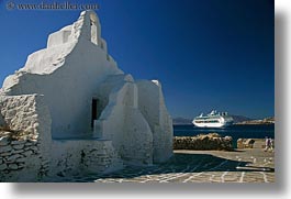 bell towers, buildings, churches, cruise, europe, greece, horizontal, mykonos, ships, structures, white wash, photograph