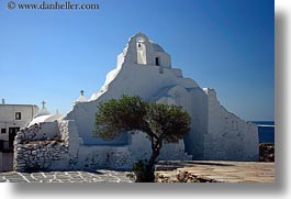 bell towers, buildings, churches, europe, greece, horizontal, mykonos, structures, trees, white wash, photograph