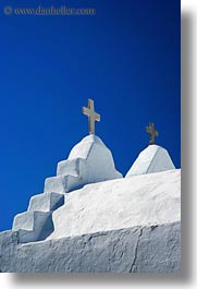 churches, crosses, europe, greece, mykonos, tops, two, vertical, white wash, photograph