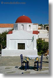 chairs, churches, domed, europe, greece, mykonos, red, tables, vertical, white wash, photograph