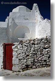 churches, doors, europe, greece, mykonos, red, rocks, vertical, white wash, photograph