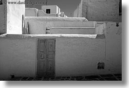 black and white, blues, doors, europe, greece, horizontal, mykonos, old, stucco, walls, white wash, photograph