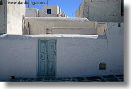 blues, doors, europe, greece, horizontal, mykonos, old, stucco, walls, white wash, photograph