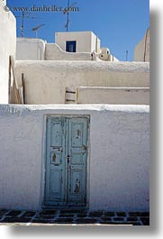 blues, doors, europe, greece, mykonos, old, stucco, vertical, walls, white wash, photograph