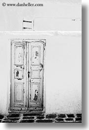 black and white, doors, europe, greece, mykonos, old, vertical, white wash, photograph