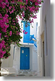 blues, bougainvilleas, doors, europe, greece, mykonos, pink, vertical, white wash, photograph