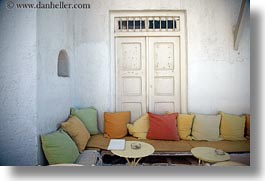 benches, colorful, doors, europe, greece, horizontal, mykonos, pillows, photograph