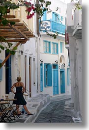 down, europe, greece, looking, mykonos, narrow, streets, vertical, white wash, womens, photograph