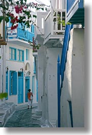 down, europe, greece, mykonos, narrow, streets, vertical, walking, white wash, womens, photograph