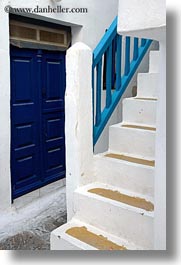 blues, doors, europe, greece, mykonos, railing, stairs, vertical, white wash, photograph
