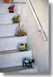 ceramics, europe, greece, mykonos, stairs, toys, vertical, white wash, photograph