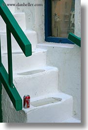 cans, coca cola, europe, greece, mykonos, stairs, vertical, white wash, photograph