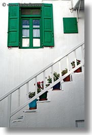 europe, greece, green, mykonos, plants, potted, stairs, vertical, white wash, windows, photograph