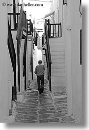 black and white, europe, greece, men, mykonos, stairs, vertical, walking, white wash, photograph