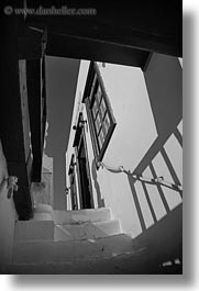 black and white, europe, greece, mykonos, stairs, upview, vertical, white wash, photograph