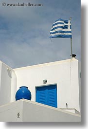 buildings, europe, flags, greece, greek, naxos, pots, stucco, vertical, white wash, photograph